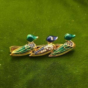 Vintage Gold-Tone Green & Blue Duck Tie Bar with Crystal Accents